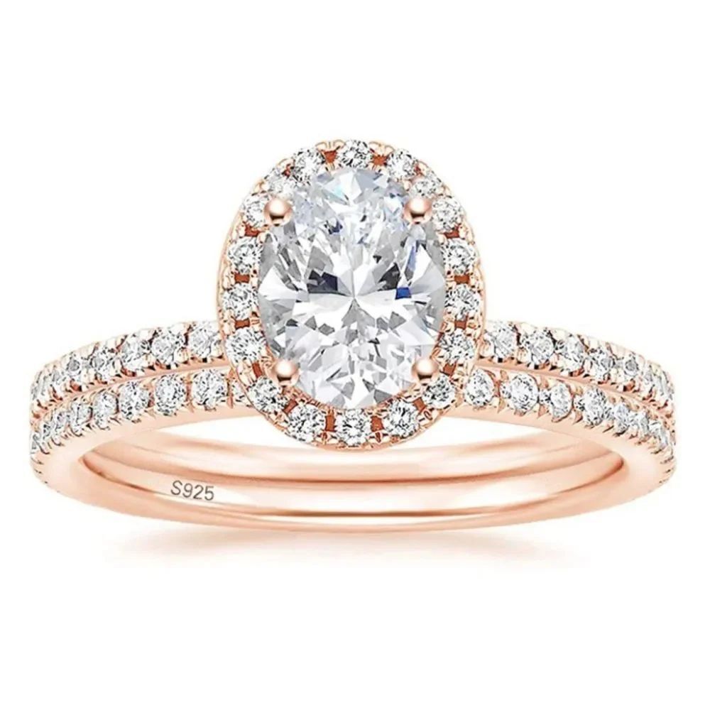 18K Rose Gold .925 Sterling Silver and Diamond Cubic Zirconia Wedding Band Set